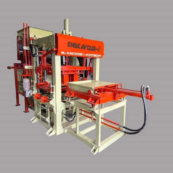 Hydraulic Vibro Compacting Concrete Blocks PlantMulti Product Machine to Produce Fly Ash Bricks, Cement Bricks, Concrete Solid Blocks, Concrete Hollow Blocks, Concrete Paver Blocks, Concrete Paver Blocks with Color Face etc…Model: ENDEAVOUR-iC2500Production Capacity: 12 Bricks per Stroke / 1700-2500 Bricks per HourStandard Bricks Size: 230 X 110 X 75 mm (Size Options Available)Vibration: Oil Filled Box Type High Speed Vibration Controlled by VFDPan Mixer Capacity: 600 Kgs per Batch – 2 MixersHydraulic Tank Capacity: 400 LtrsControl Panel: User Friendly PLC Based Control Panel with Touch Screen DisplayPallet Size: 570 X 830 X 25 mmConnected Power: 53.5 HP / 40.125 KW / 3 Phase / 440 Volts / 50 HtzDetails & Specifications are subjected to change without Prior Notice.
