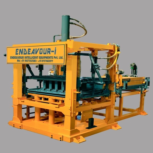 Hydraulic Vibro Compacting Concrete Blocks PlantMulti Product Machine to Produce Fly Ash Bricks, Cement Bricks, Concrete Solid Blocks, Concrete Hollow Blocks, Concrete Paver Blocks, Concrete Paver Blocks with Color Face etc…Model: ENDEAVOUR-iC5000Production Capacity: 24 Bricks per Stroke / 3500-4800 Bricks per HourStandard Bricks Size: 230 X 110 X 75 mm (Size Options Available)Vibration: Oil Filled Box Type High Speed Vibration Controlled by VFDPan Mixer Capacity: 1000 Kgs per Batch – 2 MixersHydraulic Tank Capacity: 400 LtrsControl Panel: User Friendly PLC Based Control Panel with Touch Screen DisplayPallet Size: 830 X 1100 X 32 mmConnected Power: 105 HP / 78.75 KW / 3 Phase / 440 Volts / 50 HtzDetails & Specifications are subjected to change without Prior Notice.