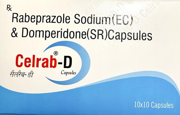 Product Name : Celrab-D Pruduct Description : Rabeprazole 20Mg + domperidone 30MgPACKING : 10 TabletsClassification : AntacidForm : Tablets Uses : Acid reflux disease, heart burn, chest discomfort, aciditys Side Effects : Nausea, headache, diarrhoea, stomach pain, dry mouth