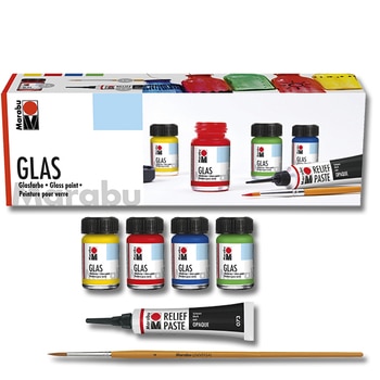 Marabu Glass Paint is impressive, high-gloss, brilliant, odourless, lightfast, water-based, elegant transparent colours for glass, acrylic plastic, and porcelain. This highly pigmented, extremely low viscosity that flows easily, making it suitable for pouring techniques. Perfect for creations on glass, mirrors, metal, ceramics, porcelain, vinyl, Plexiglas, polypropylene, and acrylic plastics.Application -It is recommended to use soft natural or natural/synthetic fibre brushes for application. Also, Pre-cleaning of the glass surface is important, and the best possible result can be achieved using a scouring agent and a small sponge. Afterwards, they should be wiped with Marabu cleaner or white spirit to remove any fingerprints. Rinse off Cleaner residues thoroughly with clear water before you start painting.Drying and Heat Setting -Marabu Glass paint is easy to paint with, colours mix well together and are dishwasher safe without oven fixing. Simply paint and let it dry for 3 days. To speed up the drying process the objects can air dry for four hours then drying it in an oven heated to 100 °C for 30 minutes. When used together with Porcelain & Glass Painter, both paints can be fired once dried (160 °C/30 min)Colour Range -Marabu Glas Paint offers a wide selection of 18 classic and trendy colours to create unique effects. All colours and intermixable to create their custom shades.Set Contents - 4 x Glas 15 ml Sunshine Yellow 220, Cherry 125, Dark Ultramarine 055, Light Green 062, 1 Relief-Paste 20 ml Black 073, 1 x brush Marabu Universal round size 4, 1 x instructions
