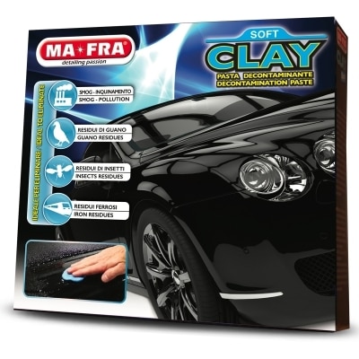 Performs a decontaminating action on the bodywork. “Mafra CLAY” is ideal for varnished or chrome surfaces. “Mafra Clay” frees any varnished surface of industrial pollution, traffic film, guano residue, insects, resin, ferrous residuals, brake lining traces on alloy rims, and cement residues. Quickly and easily removes bonded surface contaminants like overspray, bug debris, road tar, rail dust and fresh water spots. Effective and safe to use on many surfaces including paint, glass, plastics and metal.