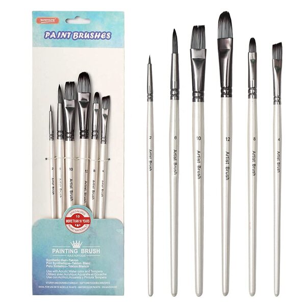 Worison 6pc Synthetic Mix Black Hair Paint Brush Set for Watercolor & Acrylic Painting