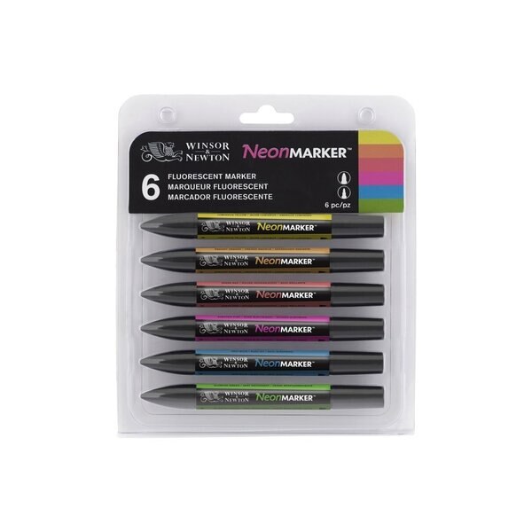  Winsor & Newton NeonMarker - Twin Tip; Broad + Fine - Water Based Pigment Ink - Set of 6
