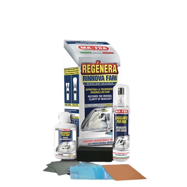REGÉNERA HEADLIGHT KIT Yellow and discoloured headlights are not only unattractive but also impair visibility and compromise safety at night. Mafra has a solution to it: a lens renewal kit designed especially for the cleaning and maintenance of headlights detailing centres. The Kit comprises a random orbital sander, abrasive sanding discs of various grades, and Polish for glass and polycarbonate to be used with a cleaning pad. Headlights faded by the effect of pollution can be restored by eliminating the layered oil deposits.
