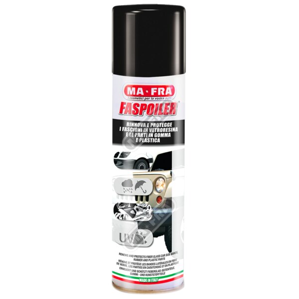 Available in 300g. A product capable of restoring Bumpers, Side Panels, Spoilers and Bonnets with just one “blow” and without smearing. FASPOILER creates a polished, transparent and protective veil that clings to the treated parts instantly, restoring any surface in glass reinforced plastic (mudguards and others), plastic – discoloured or damaged by continued exposure to sunlight – and any rubber parts. If used regularly FASPOILER prevents the discolouring and ageing of exposed parts.