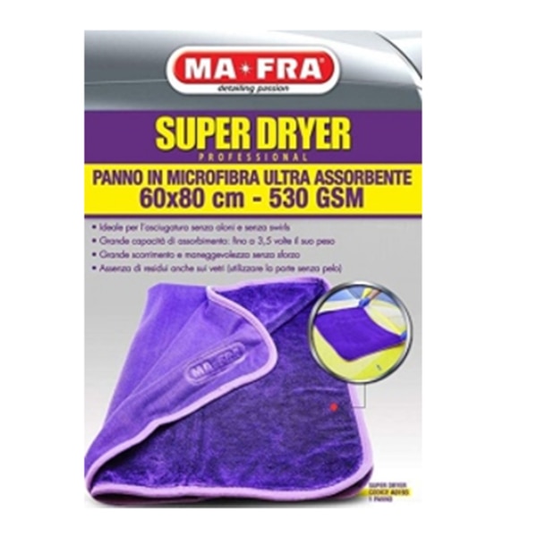 Available in 530 GSM with 60x80cm. Ideal for drying without leaving any marks and without swirls. Great absorption capacity: up to 3,5 times its weight. Great sliding action and effortless handling. Absence of residues, even on windows (use the hairless part).