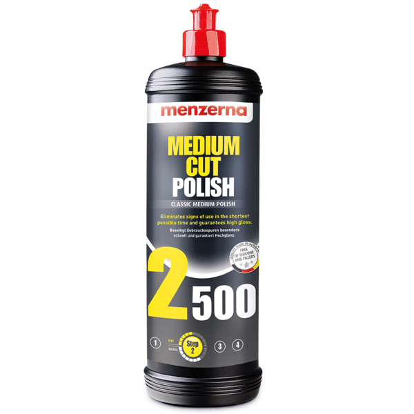 Available in 1kg. Menzerna Medium Cut Polish 2500 (PO203) is a light cutting compound designed to remove minor paint defects. It works by using precision-milled aluminium oxide particles to cut away a thin layer of paint. These particles are relatively fragile, and break down quickly and easily during use.