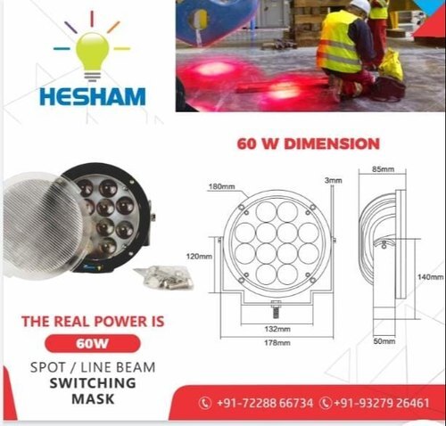 Power: 60W, Voltage :DC10-32V,LED: 20 Nos *3W CREE LED, PC Lens for LINE/SPOT configuration, Body: die cast Aluminium, Size- 7