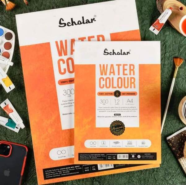 SCHOLAR 100% COTTON WATERCOLOUR PAD 300 GSM HOT PRESSED A4 12 SHEETS (PHP4)