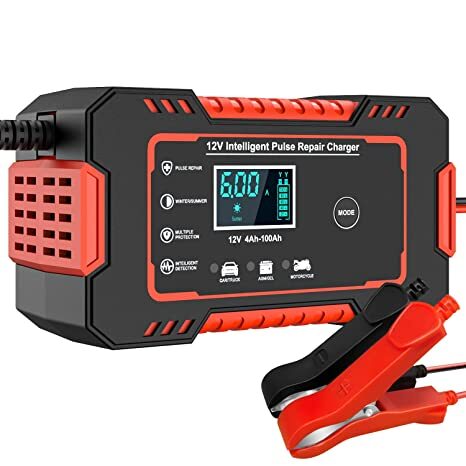 Colour	RedItem Dimensions LxWxH	22 x 11 x 7 CentimetersItem Weight	450 GramsOutput Voltage	12 VoltsAbout this item[Wide Application]--Car Battery Charger Compatible with most vehicles of 12V- charge and maintain cars, motorcycles, lawn mowers, ATVs, lawn tractors, trucks, SUVs, boats, PWCs, classic cars, and more. Most battery of 12V, including calcium, gel, AGM, and wet lead-acid batteries Note:not for lithium battery.[Auto Charging /LCD Screen/Heat Dissipation]--High Performance Car Battery Charger for most 12V vehicle equips with built in smart CPU chips enables the battery charger automatically stops when the battery fully charged. LCD backlit screen can show you temperature, current, voltage, power.[Easy Operation]--Connect the battery charger for car with battery by positive and negative clamp, then plug in then 12V power. The automatic battery charger will start to work and it will automatically stop when the battery is detected at fully charged status.[Battery Maintenance Function ]--12v car battery charger applying high and low frequency pulse repair technology which can restore part function of under voltage batteries, abandoned batteries,aging batteries and malfunction batteries.Note, not for broken battery and lithium battery.[Multi Protection Mechanism]--Safety Goes First,use flame-retardant ABS shell, fire-proof, anti-electricity, corrosion-resistant and durable,can be used in various outdoor environment. Multi protection mechanism,over current protection,reserve connection protection,overcharging protection, low voltage protection, over voltage protection, short circuit protection.