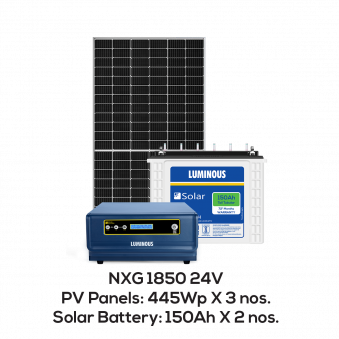 Solar Inverter - NXG 1850Capacity - 1500VA Operating Voltage 90V-290VMax Supported Panel Power - 24V upto 1500 WpCharge Controller Rating - 50 Amp24 Month WarrantyPure Sine Wave Solar InverterSolar Battery - LPTT12150H150 Ah Rated Capacity @ C10, 12VWarranty - 72 MonthsTubular plate Technology - Next generation tall tubular battery with better charge acceptance and longer backupNo of Batteries in Combo - 2Solar Panel - 445W / 24VCapacity - 445W / 24V, Mono PERC half-cut Solar PanelVoltage: Voltage at Max Power (Vmp) - 39.40V, Open Circuit Voltage (Voc) - 47.28VCurrent: Current at Max Power (Imp) - 10.03A, Short Circuit Current (Isc) - 10.57A25 years performance warrantyNo of Panels in the Combo – 3