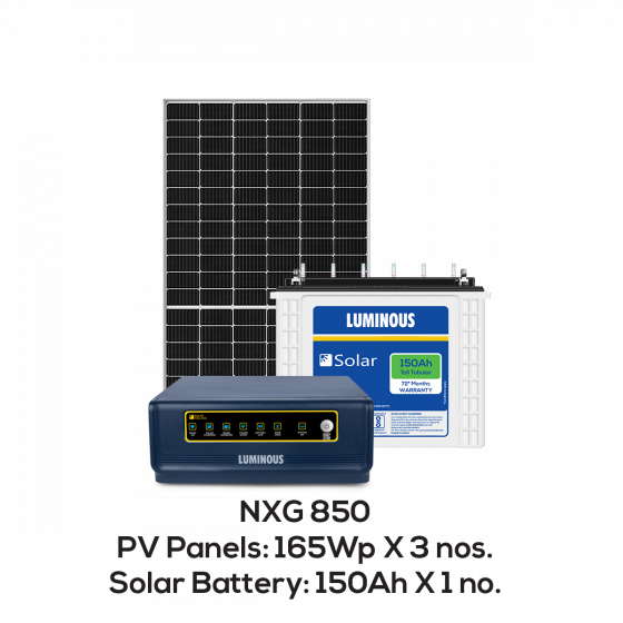 Solar Inverter - NXG 850Capacity - 500VA Operating Voltage 90V-290VMax Supported Panel Power - 12V upto 500 WpCharge Controller Rating - 30 Amp24 Month WarrantyPure Sine Wave Solar InverterSolar Battery - LPTT12150H150 Ah Rated Capacity @ C10, 12VWarranty - 72 MonthsTubular plate Technology - Next generation tall tubular battery with better charge acceptance and longer backupNo of Batteries in Combo - 1Solar Panel - 165W / 12VCapacity - 165W / 12V, Polycrystalline Solar PanelVoltage: Voltage at Max Power (Vmp) - 18.65V, Open Circuit Voltage (Voc) - 22.84VCurrent: Current at Max Power (Imp) - 8.85A, Short Circuit Current (Isc) - 9.55A25 years performance warrantyNo of Panels in the Combo – 3