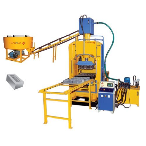 Model No.P/04 Automatic Vibro with High Pressure Machine For Making Fly-Ash Brick & Paver BlockMachine is Controlled with PLC for Faster & Safe Production with Interlocking System*Super Vaibration for Better Finishing & High Compaction Pre-Filling System for Fast De-Moulding & Pressing Rubberized Punch for Better Finishing Of Brick/Blocks Tonnage Capacity: :150 Tonnage Production Capacity: :For Singel Feedee-20 Second/Cycle :For Doubel Feeder-30 Second/Cycle (Color/Finishing Layer Specially for Paver Block) :Brick Sizes & Production /Stroke : 230x110x75 mm - 10 Cavity : 190x90x90 mm - 12 Cavity :Solid Block Sizes & Production/Stroke : 300x200x150 mm - 3 Cavity : 400x200x150 mm - 3 Cavity :Hollow Block Sizes & Production/Stroke : 400x200x200 mm - 3 Cavity :Paver Block Producton/Stroke : 6 Cavity:8000-Singel Layer / 6000-Doubel LayerTotal Power Required Total:(37HP): :Hydraulic Unit :10HP :Vaibration :04HP (2+2HP) :Pan Mixture :20HP (10+10HP) :Conveyor Belt :03HPOil Tank Capacity: :600 Ltrs (Hydraulic Oil 68No.)Pallet Size: :24x30 Inch, Required Pallet -1200 Pcs.Panel and Electricals: :PLC, Controlled Panel, RR Cabel Wiring,IE2 STandard Motors Heavy Duty Sockets, MCCB Protection etc.Conveyor Belt :18x2 Feet Conveyor Belt to with 3HP ElePan Mixture :Diamrter: 6Feet/7Feet (10HP/Each) :Base Plate:15mm, Side Wall:8mm :With Worm Reduction Gear Box :500 Kg/Batch Capacity with Roller/ with ScrapperTrolley :2Pcs of Trolley for easy Shifting For Pallet