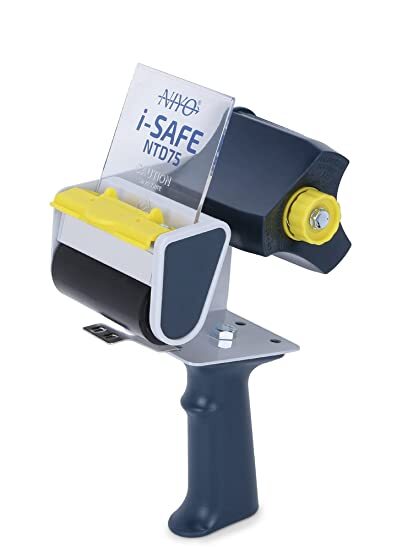 Type:	Handheld.Suitable for:	3” wide tape.Holder size:	Standard 3” core with id 75mm.Max O.D:	100mm/150mm.Tension control	Available HD.Pressure roller	Rubberized HD.Wiper:	Flexible HD.Blades	Galvanized steel with safety cap.Body	metalicTotal weight without tape:  	500 gms.Safety Rating and Feature 	Medium Safety -Blade Cap) Handle type:	hand Grip.