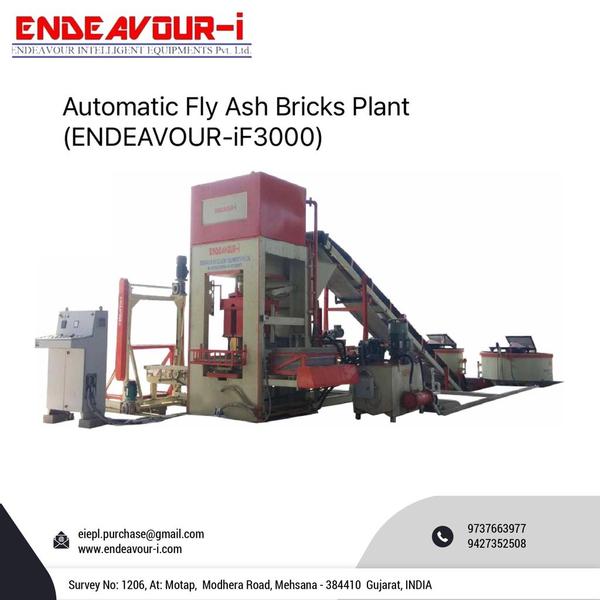 Automatic Fly Ash Bricks Plant - ENDEAVOUR-iF3000Model: ENDEAVOUR-iF3000Production Capacity: 15 Bricks per Stroke / 2700-3000 Bricks per HourStandard Bricks Size: 230 X 110 X 75 mm (Size Options Available)Pressing Capacity: 150 Tons Max.Pan Mixer Capacity: 750 Kgs per Batch – 2 MixersHydraulic Tank Capacity: 400 LtrsControl Panel: User Friendly PLC Based Control Panel with Touch Screen DisplayPallet Size: 825 X 700 X 25 mmConnected Power: 55 HP / 41.25 KW / 3 Phase / 440 Volts / 50 HtzDetails & Specifications are subjected to change without Prior Notice.Fly Ash Brick Plant, Fly Ash Brick Machine, Concrete Block Plant, Concrete Block Machine, Fly Ash Bricks Plant, Fly Ash Bricks Machine, Concrete Blocks Plant, Concrete Blocks Machine, Automatic Fly Ash Brick Plant, Automatic Fly Ash Brick Machine, Automatic Concrete Block Plant, Automatic Concrete Block Machine, Automatic Fly Ash Bricks Plant, Automatic Fly Ash Bricks Machine, Automatic Concrete Blocks Plant, Automatic Concrete Blocks Machine, Fly Ash Brick Making Plant, Fly Ash Brick Making Machine, Concrete Block Making Plant, Concrete Block Making Machine, Fly Ash Bricks Making Plant, Fly Ash Bricks Making Machine, Concrete Blocks Making Plant, Concrete Blocks Making Machine, Automatic Fly Ash Making Brick Plant, Automatic Fly Ash Brick Making Machine, Automatic Concrete Block Making Plant, Automatic Concrete Block Making Machine, Automatic Fly Ash Bricks Making Plant, Automatic Fly Ash Bricks Making Machine, Automatic Concrete Blocks Making Plant, Automatic Concrete Blocks Making Machine, Fly Ash Brick Plant Price, Fly Ash Brick Machine Price, Concrete Block Plant Price, Concrete Block Machine Price, Fly Ash Brick Plant Project Cost, Fly Ash Brick Machine Project Cost, Concrete Block Plant Project Cost, Concrete Block Machine Project Cost