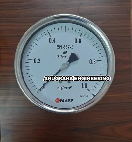 Dial Size 6 inch / 150 mmBrand MassUse Differential Pressure ApplicationsDisplay Type AnalogPressure Type Differential PressureDial Type DryMeasuring Principle DiaphragmMounting Refer catalogueMaterial of casing Stainless SteelAccuracy Class 1.6Pointer Material Aluminium BlackIP Rating IP65Country of Origin Made in IndiaSingle diaphragm differential pressure gaugeMax. static pressure 25 barDial size: 100, 115, 150mm Stainless steel case and wetted partsProtection IP65; Dry or liquid filledRanges0 ... 25 in H2O up to 0 ... 35 psi0 ... 600 mmWC up to 0 ... 2.5 bar & kg/cm20 … 6 kPa up to 0 … 250 kPaMounting: Wall mounting, optional 2