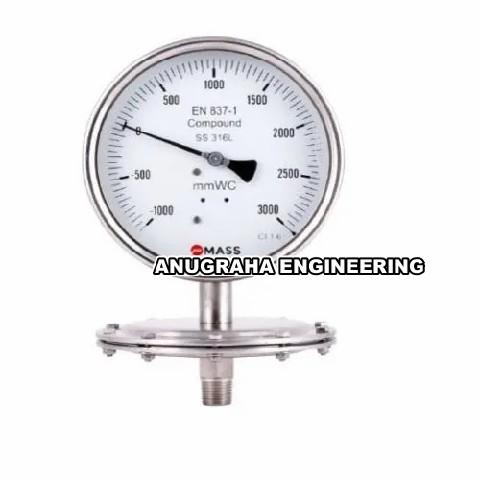 Measuring Range 10 mbar- 60 barUsage/Application IndustrialMaterial Stainless SteelColor SilverPackaging Type BoxMaterial Grade SS316Diameter 60 mmScale Range 0.1 to 2.8Country of Origin Made in IndiaLow pressure diaphragm gauges, Pressure units: Bar, mBar, mmWC.Dial size: 100, 150mm Diaphragm SS316L & Flange 316, other specifications optional; Accuracy: 1.6%