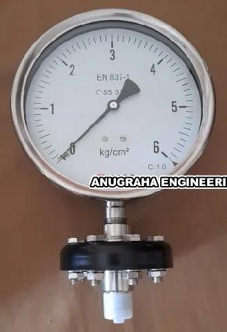 Brand MASSDisplay Type AnalogPressure Type Gauge PressureConnection Type NPT & BSPMeasuring Principle DiaphragmMounting BottomMaterial of casing Stainless SteelModel Name/Number ZPS with DS20Country of Origin Made in IndiaDiaphragm sealed Pressure Gauges, Dial size: 63, 100, 150mm; Range: 1 kg/cm2 up to 100 bar & kg/cm2;Diaphragm: Stainless steel 316L Optional Hasteloy-C276; Bottom Housing: Stainless steel 316, 316L, Polypropylene, PVC, SS 316 with Teflon protection, Hasteloy-C 276; Liquid filling: Glycerin, Silicone, Food Grade oil.