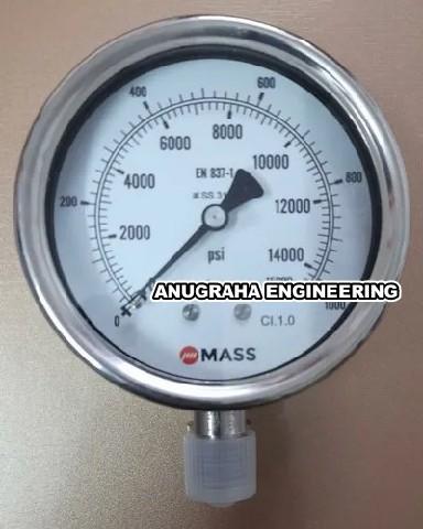 Use	All Industrial & Process IndustryDisplay Type	AnalogPressure Type	Gauge PressureConnection Type	NPT & BSPConnection Size	As required by youBrand	MASSCountry of Origin	Made in IndiaNominal size: 100 mm (4”), 115 mm (4.5”), 150 mm (6”)ASME B40.100 / EN 837-1 / IS-3624Protection: IP65 / IP66 / IP67Accuracy: Class 1 (1%)Ranges: -30 in. Hg ... 0 psi up to 0 ... 15,000 psiPressure type: Gauge, vacuum and compoundMounting: Standard stem, optional panel, bracket, surface.Medium Temp.: Max. 200 °C (392 °F) (dry), max. 100 °C (212 °F) (for liquid filled)Case/bayonet ring: Stainless steel 304 , optional 316LTube: Stainless steel 316, optional 316LPressure connection: Stainless steel 316, optional 316LMovement: Stainless steel 304Dial: Aluminum, black markings on white background.Pointer: Aluminum, black optional micrometer adjustmentWindow: Toughened glass, optional Safety Glass, acrylic glass.Filling liquids: Glycerin