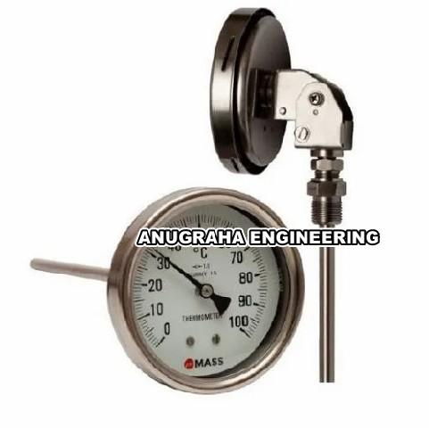 Accuracy	+- 1 %Material	Stainless SteelBrand	MassDimension	3-5 InchCountry of Origin	Made in IndiaStem Length	2.5-72 InchMaterial Grade	SS304Warranty	1 YearSS Bi-Metal Thermometer Dial Size: 63, 100, 115, 150mm; Range: -50 ... 50 °C up to 0 ... 600 °C; Stem dia: 6,8,10,12mm; Stem Length: 63 to 1000mm; Process conn: BSP (or) NPT Fixed or Adjustable; Mounting: Bottom, Back, Everyangle