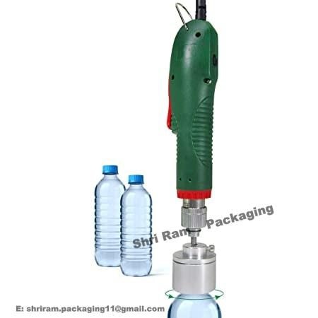SF-1550 Electric Portable Screwing Machine or hand held capper is compact handy tool for capping screw cap on any bottle, comes with a custom made chuck made as per your cap sample with PU liner to avoid cap damage & scratchesthe chuck can be a change part for different size caps, the capping torque can be preset so the machine stop rotating the chuck after cap is tighten(set torque is reached)we can aso give stand for machine or a top mounting spring balancer hanger for easy of workingTechnical parameters:Electrical source: AC220V ± 10 50/60HZ Reactive rate (W) : 80Work: electric capping Type: handheldCase: plastic materialLock () cover diameter (mm) : φ 10 - φ 50Production capacity (times/min), depending on the degree of proficiency Applicable bottles of high (mm) : randomThe size (cm) : 7 (seven by 30 The net weight 1kg) : (kg) Features and applicability of the:Applicable to all kinds of high strength bottle cap screw cap