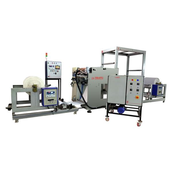 HMC-20HS Hot Melt Coating Machine is suitable for producing adhesive sticker, label paper, medical tapes, double-side adhesive tapes, cloth tapes, double-side foam adhesive tape, clean adhesive tape, craft paper tape, Aluminium foil tapes, fabric tapes, shoes materials and etc. of 510mm width & 600mm dia. with 15 gsm to 40 gsm hot melt coating. Process1. Silicon paper of 510mm will be coated with hot melt.2. Lamination (transfer of HM on Face Paper) of face paper in roll form.3. Winding of Si paper & Face paper in roll.Machine Type: Die coatingMax. Size of coating: 510mm, GSM: 15 to 55 Max. Speed of coating: Speed 50 mpm atM/c specifications:1. Unwind 1: To hold 510 mm width material.1000 mm Dia. Max.Air Shaft to suit 3” paper core.Magnetic BrakeWeb aligner2. Coating Station: Die coating.Accurate Temp. Control.All silicon rolls dynamic balanced.Back up roller Pneumatic operated.3. Unwind 2: To hold 510 mm width material.1000 mm Dia. Max.Air Shaft to suit 3” paper core.Magnetic BrakeWeb aligner4. Lamination Nip:Dynamic balanced Metal roll & Silicone rollOperation & pressure PneumaticAC Drive to the nip5. Rewind : Center winding systemTo hold 510mm width material.600 mm Dia. Max.76 MM core ID.Tapper tension controlled winding. AC Drive for controlled winding.6. Permelter:Tank capacity 60 Kgs.Melting Capacity 30 Kgs/hrPump Capacity 0.5 Lit/MinAccurate Temp. Control.Accurate flow control7. Hot melt HoseTo Supply 0.5 Kgs/min.Length 3 mAccurate Temp. Control.8. DIMENTIONS: 7 m X 3 m X 2 m 9. Total Electrical Load : 30 KWClick the link to see machine in working: https://youtu.be/bU2ZaXR6r9k