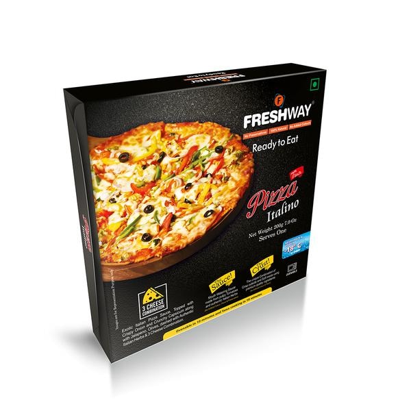 Exotic Italian Pizza Sauce, Topped with Crispy Onion and Crunchy Capsicum along with Jalapeno, Olives, dashed with Authentic Italian Herbs & 3 Cheese Combination.The Sauce- Mouth Watering sauce made of Pulpy Tomatoes and authentic Italian Herbs.The Crust- The unique combination of Crisp outside and soft inside using premium quality ingredients.Ingredients:Pizza Base: Wheat Flour, Vegetable Oil, Sugar, Edible Salt, Yeast, Improvers (Soya Flour, Cornstarch, Flour treatment agent (INS 341 – Calcium Phosphate), Antioxidant (INS-300 Ascorbic Acid), Calcium Propionate and Vital Wheat Gluten.Pizza Sauce: Italian Tomato Pulp, Olive Oil, Water, Garlic, Red Chili Paste, Onion, Edible Salt, Sugar, Green Chili, Corn Starch, Italian Herbs and Condiments.Pizza Toppings: Three Cheese Combination [Mozzarella Cheese, Cheddar Cheese, Processed Cream Cheese (Water, Refined Soybean oil, Sugar, Cheese Powder, Edible Salt, Milk Solids)] Onions, Green Peppers, Jalapenos, Olives, Italian Herbs and Condiments.Precautions:Oven:- Preheat Oven at 425 degree Fahrenheit (220 degrees centigrade).- Remove Pizza Italino from packaging (box and shrink wrap).- Place pizza on oven trey and bake for approx. 12-15 minutes until the cheese on top starts to melt with bubbling and crust (pizza base) is golden brown.- Cut Pizza into equal slices and serve hot with chili flakes and oregano seasoning.Pan (Tava):- Preheat the Pan (Tava) on low flame for 2-3 minutes.- Remove Pizza Italino from packaging (box and shrink wrap) and place it over preheated pan.- Cover pan with lid and cook on lowest flame settings for 12-15 minutes.- Cook until the cheese on top starts to melt with bubbling and crust (pizza base) is golden brown.- Cut Pizza into equal slices and serve hot with chili flakes and oregano seasoning.(For extra crispy pizza, brush pan with oil before pre heating. Do not cook pizza at high flame settings)