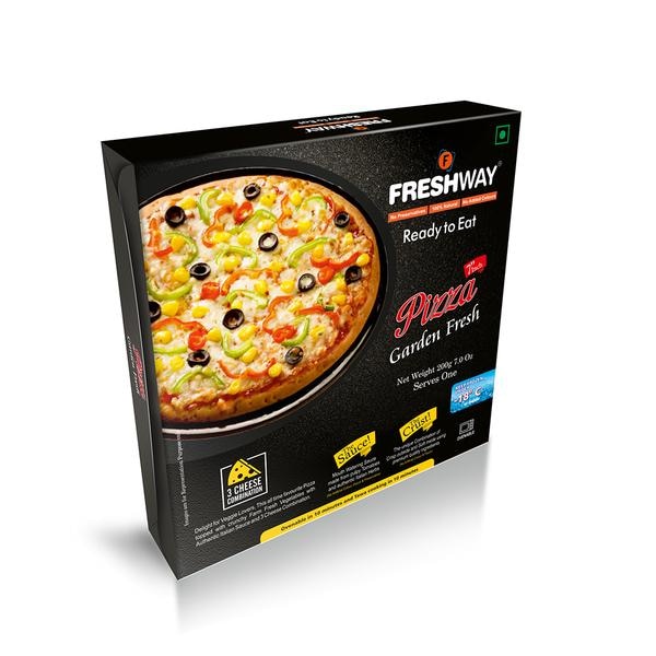 Delight for Veggie Lovers, This all time favourite Pizza topped with Crunchy Farm fresh Vegetables with Authentic Italian Sauce& 3 Cheese Combination.The Sauce- Mouth Watering sauce made of Pulpy Tomatoes and authentic Italian Herbs.The Crust- The unique combination of Crisp outside and soft inside using premium quality ingredients.Ingredients:Pizza Base: Wheat Flour, Vegetable Oil, Sugar, Edible Salt, Yeast, Improvers (Soya Flour, Cornstarch, Flour treatment agent (INS 341 – Calcium Phosphate), Antioxidant (INS-300 Ascorbic Acid), Calcium Propionate and Vital Wheat Gluten.Pizza Sauce: Italian Tomato Pulp, Olive Oil, Water, Garlic, Red Chili Paste, Onion, Edible Salt, Sugar, Green Chili, Corn Starch, Italian Herbs and Condiments.Pizza Toppings: Three Cheese Combination [Mozzarella Cheese, Cheddar Cheese, Processed Cream Cheese (Water, Refined Soybean oil, Sugar, Cheese Powder, Edible Salt, Milk Solids)] Onions, Tomato, Green Peppers, Red Peppers, Jalapenos, Olives, Sweet Corn and Condiments.Precautions:Oven:- Preheat Oven at 425 degree Fahrenheit (220 degrees centigrade).- Remove Pizza Garden Fresh from packaging (box and shrink wrap).- Place pizza on oven trey and bake for approx. 12-15 minutes until the cheese on top starts to melt with bubbling and crust (pizza base) is golden brown.- Cut Pizza into equal slices and serve hot with chili flakes and oregano seasoning.Pan (Tava):- Preheat the Pan (Tava) on low flame for 2-3 minutes.- Remove Pizza Garden Freshfrom packaging (box and shrink wrap) and place it over preheated pan.- Cover pan with lid and cook on lowest flame settings for 12-15 minutes.- Cook until the cheese on top starts to melt with bubbling and crust (pizza base) is golden brown.- Cut Pizza into equal slices and serve hot with chili flakes and oregano seasoning.(For extra crispy pizza, brush pan with oil before pre heating. Do not cook pizza at high flame settings)
