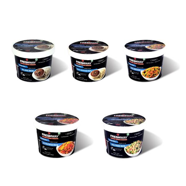Enjoy a burst of flavours packed in a combo to satiate your taste buds. Making you hungry se happy in minutes!Ingredients:Rajma Rice: Kidney Beans, Rice, Tomato, Onion, Garlic, Ginger, Edible oil, Iodized salt & Mixed Indian Spices.Daal Makhani Rice: Black Lentils, Kidney Beans(Rajma), Rice, Tomato, Onion, Garlic, Ginger, Refined Cotton Seed oil, Iodized Salt & Mixed Indian Spices.Veg Biryani:Rice, Onion, Tomato, Green Peas, Carrot, Garlic, Ginger, Iodized Salt, Butter, Refined Cotton Seed Oil & Mixed Indian Spices.Schezwan Rice: Rice, Onion, Tomato, Carrot,French Beans, Cabbage, Garlic, Ginger, Red Chilli, Iodized Salt, Refined Cottonseed oil and Mixed Indian Spices.Veg Fried Rice:Rice, Carrots, Capsicum, Onion, Garlic, Ginger, Green Chili, Soya Sauce, White Pepper, Refined Cotton Seed oil, Iodized Salt, & Mixed Indian SpicesPrecautions:- Store in cool and dry place and away from direct sunlight.- Once opened, consume completely.- Correct quantity of water is important. Excess / less water may change the desired results.- Contains Oxygen Absorber Sachet for Freshness. Do not eat the Sachet.
