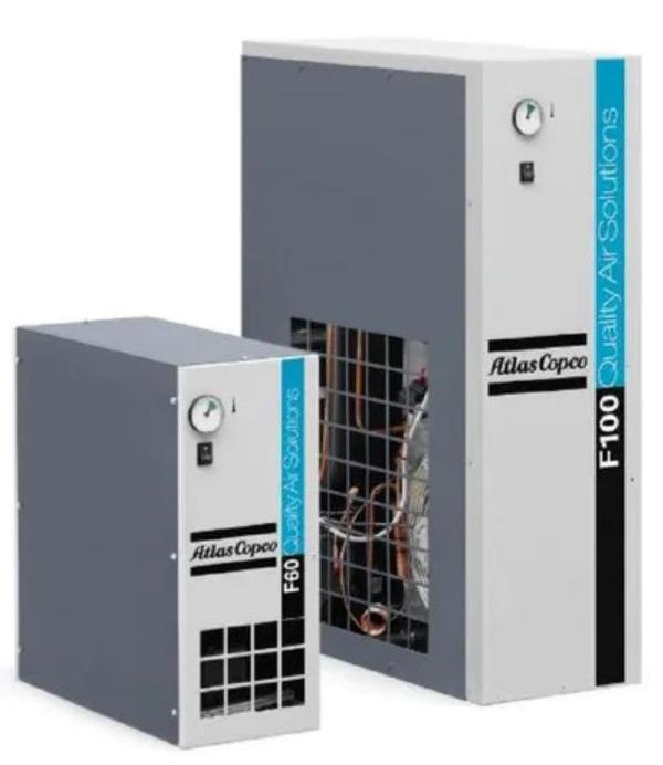 F series Refrigerant dryers 

THE COMPACT AND EFFICIENT DRY AIR SOLUTION
The Atlas Copco F series refrigerant dryers keep your compressed air system in optimal shape, removing humidity efficiently and reliably. With a stable pressure dewpoint as low as 7 °C, these compact, low maintenance dryers are compatible with most compressor technologies and applications.

Strong performance & reliability
Stable pressure dewpoint as low as 7 °C.
Simple and proven design.
Quality components.
Quick installation & easy operation

Compact footprint of only 0.13 m2.
Simple vertical design.
Quick plug-and-play installation.
Dewpoint indicator to verify air quality

Cost savings
Efficient cooling system ensures low energy costs.
Increased lifetime of tools and equipment.
Fewer repairs to tools, machines and pipe work.
Low maintenance
Long service intervals.
Easy access to key components.

RECOMMENDED APPLICATIONS
Pneumatic tools and equipment, Pneumatic control systems, Painting, Packaging, Injection molding etc.

Model: F5 to F130 ranging from 10.6 CFM to 275.5 CFM 