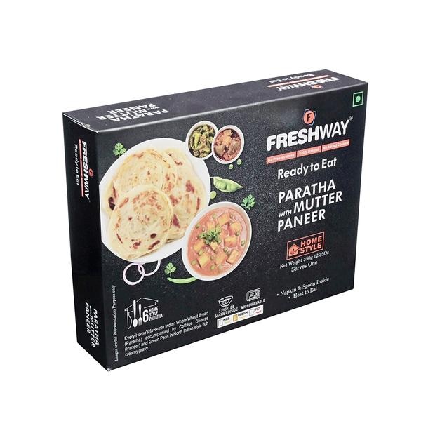 ( Packet Weight: 350 gms – Mutter Paneer: 200 gms, Paratha: 150 gms )Every Home’s favorite Indian Whole Wheat Bread (Paratha) accompanied by Cottage Cheese (Paneer) and Green Peas in North Indian-style rich creamy gravy.Ingredients:Mutter Paneer: Indian Cottage Cheese (Paneer), Green Peas, Tomato, Onion, Cashew Melon Paste, Refined Sunflower Oil, Whole Cumin, Black Pepper, Ginger Garlic Paste, Green Cardamom, Turmeric Powder, Cumin Powder, Coriander Powder, Kasuri Methi, Iodized Salt, Green Chilli mix Indian Spices.Paratha: Whole Wheat Flour, Clarified Butter, Refined Sunflower Oil, Iodized Salt Preservatives (INS 282) & (INS 202)Precautions:- Store in cool and dry place and away from direct sunlight.- Once opened consume completely.- Do not use inner pouches if leaking or bloated- No Refrigeration required.