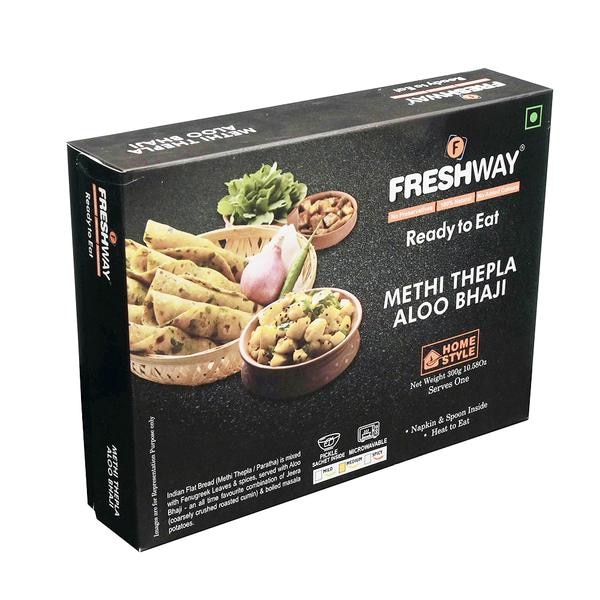 ( Packet Weight: 300 gms – Methi Thepla: 150 gms ; Aloo Bhaaji: 150 gms )Indian flatbread (Methi Thepla / Paratha) is mixed with fenugreek leaves & spices, served with Aloo Bhaji – an all-time favourite combination of Jeera with (coarsely crushed roasted cumin) & boiled masala potatoesIngredients:Aloo Bhaji: Potato, Green Chillis, Curry Leaves, Onion, Ginger, Cumin Seeds, Dry Red Chilli, Turmeric Powder, Lemon Juice, Sugar, Asafoetida, Edible Sunflower Oil, Iodized Salt, Mixed Indian spicesMethi Thepla: Whole Wheat Flour, Carom Seeds, Turmeric Powder, Cumin Seeds, Green Chilli, Red Chilli Powder, Coriander Powder, Fenugreek Leaves, Garlic, Edible Sunflower Oil, Iodized Salt, Mixed Indian Spices, Preservatives (INS 282) & (INS 202).Precautions:- Store in cool and dry place.- Once opened consume completely.- Do not use inner pouches if leaking or bloated- No Refrigeration required.
