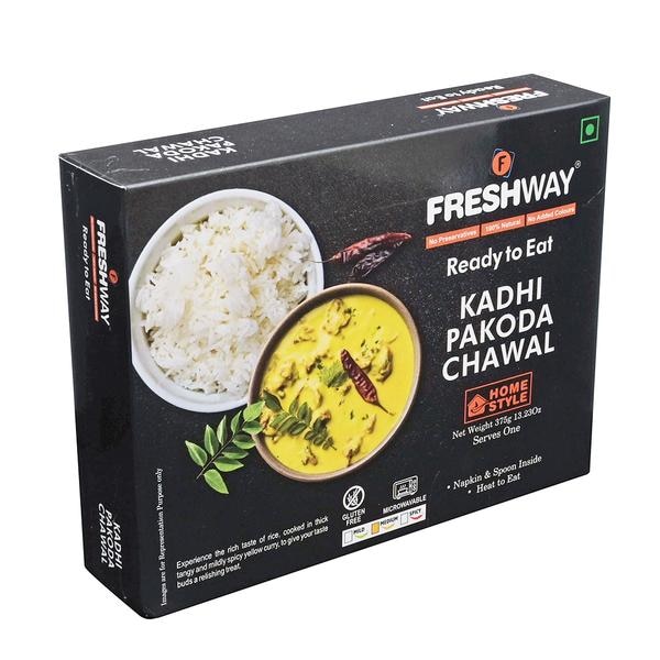 ( Packet Weight: 375 gms – Kadhi Pakoda: 225 gms; Rice: 150 gms )Experience the rich taste of Rice, cooked in thick tangy and mildly spicy yellow curry, to give your taste buds a relishing treat.Ingredients:Rice, Curd, Chickpeas flour, Turmeric, Onion, Garlic, Green Chillis, Sugar, Desi Ghee, Asafoetida, Mustard, Cumin Seeds, Fenugreek Seeds, Curry Leaves, Ajwain, Red Chilli Powder, Refined Sunflower Oil, Iodized Salt, Mix Indian Spices.Precautions:- Store in cool and dry place and away from direct sunlight.- Once opened consume completely.- Do not use inner pouches if leaking or bloated- No Refrigeration required.