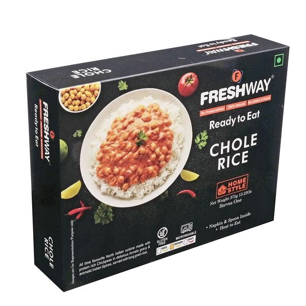 ( Packet Weight: 375 gms – Chole: 225 gms , Rice: 150 gms )All Time favourite North Indian Cuisine made with protein rich Chickpeas in delicious tomato gravy &  aromatic Indian Spices, served with long grain rice.Ingredients:Rice, Chickpeas, Onion, Tomato, Green Chilli, Turmeric Powder, Whole Cumin, Dry Red Chilli, Edible Sunflower Oil, Ginger, Garlic, Iodized Salt, Mix Indian Spices.Precautions:- Store in cool and dry place and away from direct sunlight.- Once opened consume completely.- Do not use inner pouches if leaking or bloated- No Refrigeration required.