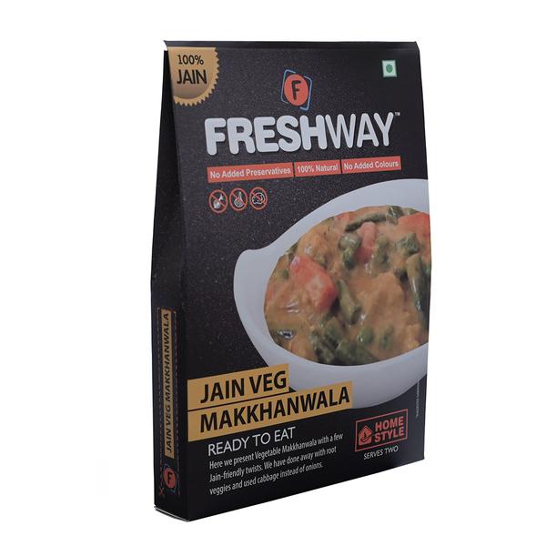 ( Packet Weight: 65 gms – Rehydrated Weight: 265 gms )NO ADDED PRESERVATIVES, 100% NATURAL, NO ADDED COLOURSHere we present Vegetable Makkhanwala with a few Jain-friendly twists. We have done away with root veggies and used cabbage instead of onions.Ingredients:Tomato, Green Peas, Corn, Capsicum, French Beans, Cabbage, Green Chilli, Butter, Refined Oil, Iodized Salt and Mixed Indian SpicesPrecautions:- Store in cool and dry place and away from direct sunlight.- Once opened consume completely.- Correct quantity of water is important. Excess / less water may change the desired results.