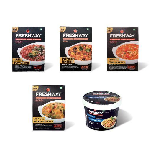 Enjoy a burst of flavours packed in a combo to satiate your taste buds. Making you hungry se happy in minutes!Ingredients:Jain Pav Bhaji:Raw Banana, Red Chilly Powder, Tomato, Capsicum, Green Peas, Cardamom, Cotton Seed Oil , Iodized Salt and Mixed Indian Spices.Jain Paneer Bhurji:Paneer (Cottage Cheese), Tomato, Green Chilly, Melon Seeds, Cashew Nuts, Corn Refined Oil, Cardamom, Coriander Powder, Iodized Salt and Mixed Indian Spices.Jain Veg Tawa Masala:Tomato, Capsicum, French Beans, Green Peas, Cabbage, Green Chili, Butter, Refined Oil, iodized Salt & Mix Indian Spices.Jain Veg Makkhanwala:Tomato, Green Peas, Corn, Capsicum, French Beans, Cabbage, Green Chilli, Butter, Refined Oil, Iodized Salt and Mixed Indian SpicesJain Fried Rice:Rice, Cabbage, Capsicum, Green Chili, Soya Sauce, White Pepper, Refined Oil, Iodized Salt & Mix Indian Spices.Precautions:- Store in cool and dry place.- Once opened, consume completely.- Correct quantity of water is important. Excess / less water may change the desired results.- Contains Oxygen Absorber Sachet for Freshness. Do not eat the Sachet.