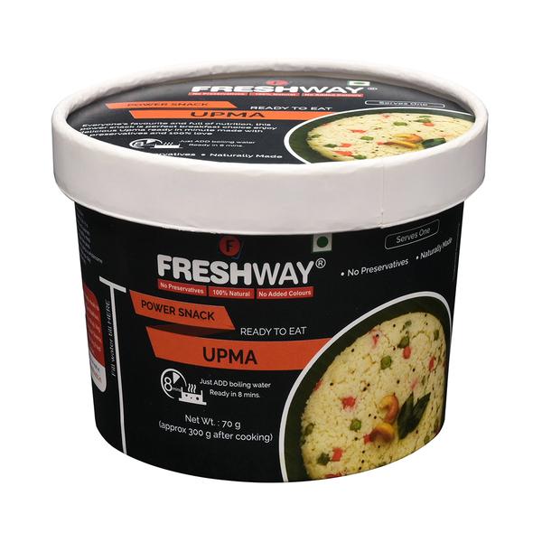 ( Packet Weight: 70 gms – Rehydrated Weight: 300 gms )Everyone’s favorite and full of nutrition, this power snack is perfect breakfast choice enjoy delicious Upma ready in minute made with no preservatives and 100% love.Ingredients:Semolina (Suji), Mustard Seeds, Cumin, Curry Leaves, Asafoetida, Green Chilli, Sugar, Ginger, Urad Daal, Dehydrated Onion Flakes, Vegetable Ghee, Coriander, Dried Vegetables, Iodized Salt and Citric Acid (INS 330)Precautions:- Store in cool and dry place and away from direct sunlight.- Once opened consume completely.- Correct quantity of water is important. Excess / less water may change the desired results.
