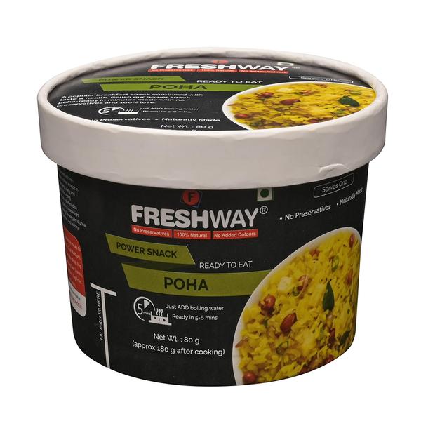 ( Packet Weight: 80 gms – Rehydrated Weight: 180 gms )A popular breakfast snack combined with taste & health. Relish our power snack poha- ready in minutes made with no preservatives and 100% love.Ingredients:Rice Flakes (Poha), Mustard Seeds, Dry Coriander Leaves, Cumin, Turmeric Powder, Curry Leaves, Asafoetida, Green Chilli, Peanuts, Sugar, Dehydrated Onion Flakes, Edible Oil (Cotton Seed Oil), Iodized Salt and Citric Acid (INS 330)Precautions:- Store in cool and dry place and away from direct sunlight.- Once opened consume completely.- Correct quantity of water is important. Excess / less water may change the desired results.