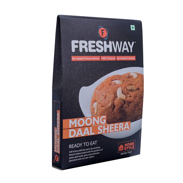 ( Packet Weight: 125 gms – Rehydrated Weight: 275 gms )NO ADDED PRESERVATIVES, 100% NATURAL, NO ADDED COLOURSFall in love with the warm, lip smacking dessert loaded with the goodness of green split lentils, ghee and cardamom, garnished with aromatic saffron.IngredientsMoong Dal (Green Split Lentils), Ghee, Sugar, Cardamom, and Saffron.Precautions:- Store in cool and dry place and away from direct sunlight.- Once opened consume completely.- Correct quantity of water is important. Excess / less water may change the desired results.