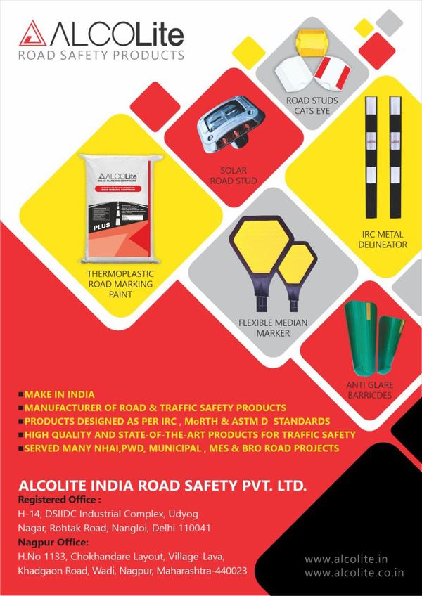 Alcolite Road safety Products  Manufacturers & Suppliers. We are leading manufacturers and supplier of road safety prrducts like- Hot Melting Thermoplastic Paint , Solar Road studs, Plastic road studs, Aluminium Road Studs. Delinators all Types Median Marker & Flexible Median Marker Anti Dazzle Board Solar led street lights and more.