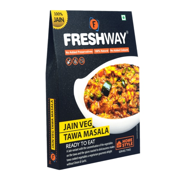 ( Packet Weight: 65 gms – Rehydrated Weight: 265 gms )NO ADDED PRESERVATIVES, 100% NATURAL, NO ADDED COLOURSA Jain Variant with the Caramelization of the Vegetables on the Tawa and the Spices Roasted to Deliciousness makes Tawa cooked Vegetables a Vegetarian Gourmet’s Delight without onion and garlic.IngredientsTomato, Capsicum, French Beans, Green Peas, Cabbage, Green Chili, Butter, Refined Oil, iodized Salt & Mix Indian Spices.Precautions:- Store in cool and dry place and away from direct sunlight.- Once opened consume completely.- Correct quantity of water is important. Excess / less water may change the desired results.