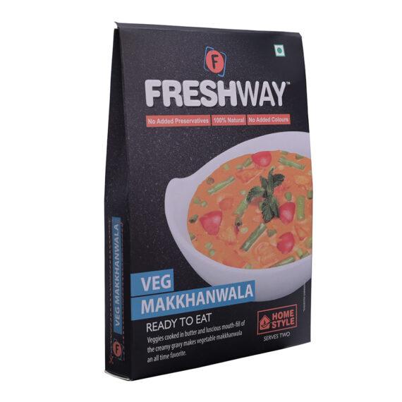 ( Packet Weight: 65 gms – Rehydrated Weight: 265 gms )NO ADDED PRESERVATIVES, 100% NATURAL, NO ADDED COLOURSVeggies cooked in butter and luscious mouth-fill of the creamy gravy makes Vegetable Makkhanwala an all time favorite.Ingredients:Tomato, Green Peas, Corn, Carrot, Capsicum, French Beans, Cabbage, Onion, Garlic, Ginger, Green Chili, Butter, Refined Oil, Iodized Salt & Mix Indian Spices.Precautions:- Store in cool and dry place and away from direct sunlight.- Once opened consume completely.- Correct quantity of water is important. Excess / less water may change the desired results.