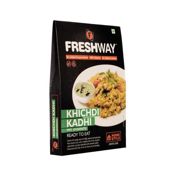 ( Packet Weight: 80 gms – Rehydrated Weight: 330 gms )NO ONION, NO GARLICNO ADDED PRESERVATIVES, 100% NATURAL, NO ADDED COLOURSSavour the tangy taste of mildly spiced curd and gram flour based curry, with a healthy mix of rice, & green split lentils and ghee blended with aromatic spices. Processed with state of the art freeze-dry technology.IngredientsRice, Green Split Lentils, Curd, Gram Flour, Ghee, Jaggery, Iodized Salt, Turmeric, Green Chilly, Ginger, Coriander and mixed Indian Spices.Precautions:- Store in cool and dry place and away from direct sunlight.- Once opened consume completely.- Correct quantity of water is important. Excess / less water may change the desired results.