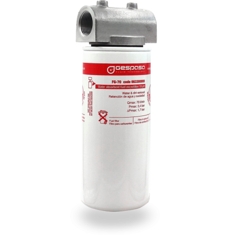 FG-7010 µm (micron)FG-70 · 10 µm (micron) · Water absorbent spin-on microfilter663300000DESIGN FEATURESIt removes particulates like dirt, dust and rust.It is suitable for petrol, diesel, biodiesel blends up to B20 and ULSD (Ultra Low Sulfur Diesel) application.ALUMINIUM HEAD1