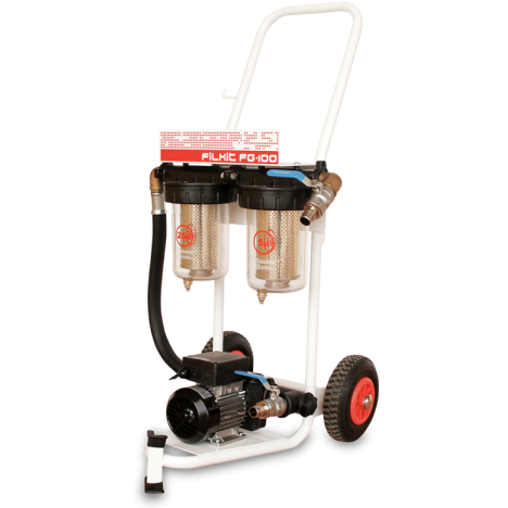 FILKIT FILTER · diesel or petrolFILKIT · 25 / 5 µm66270FILKIT · 25 /10 µm · water absorbent662700300FILKIT EX · IRON-50 Ex 230 VAC · 25 / 5 µm662700600 Mobile filtering kit of 40 l/minComposed of:Support in metallic tube with handle and wheels to circulate indoors and outdoors (lightweight and easy handling)Support to roll up the hose and hang the nozzleIRON-50 230 VAC or IRON-50 Ex 230 VAC pump (according to the model)Cut-off valve in the pump inlet and the filter outletFUP-1 pre-filter in the pump inletTwo-step filtering · code 66270 · code 662700600 (Viton Joints):FG-100BIO of 25 µm (micron) microfilterFG-100 of 5 µm (micron) microfilterTwo-step filtering · code 662700300:FG-100BIO of 25 µm (micron) microfilterFG-70 of 10 µm (micron) microfilter · water absorbentSize and weight (approx.):Dim.: 570x500x1,050 mm (lenght x width x height)Size: 23 kgOptional:- FILKIT hose Kit662708000It is composed of:6 m special suction hose with valve and pre-filter4 m delivery hose with PSF-040 manual nozzle- FILKIT EX hose kit662708001It is composed of:6 m special suction hose with valve and pre-filter4 m delivery hose with PA-80 automatic petrol nozzleHose kit weight (approx.): 31 kgFG-100 Filtering spare-parts- 5 µm (micron) paper filtering element spare kit + joints660708001- 5 µm (micron) paper filtering element spare kit + Viton joints660708005- 25 µm (micron) paper filtering element spare kit + joints660708002