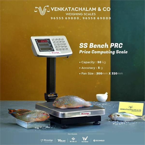 SS  Bench PRC - Price Computing scale Very Strong,Sturdy & Attractive Metal BodyEquipped With High Precision Strain Gauge Sensor System.CAPACITY : 50kgs