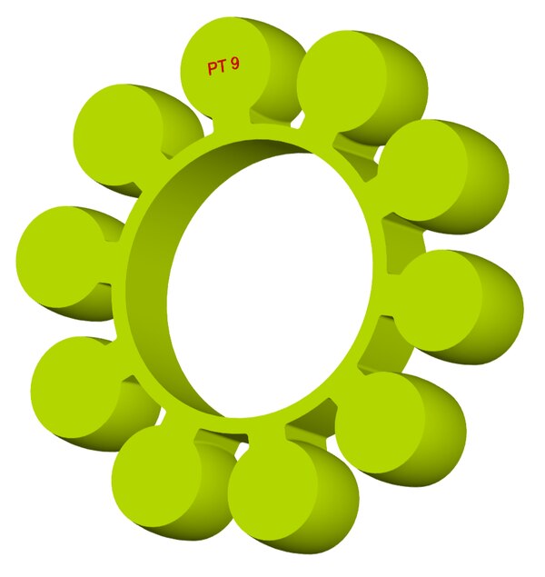 Material: Cast PolyurethaneSize: 1. OD With Petal: 255mm2. Ring OD: 128mm3. Ring Inner: 115mm4. Petal Dia.: 45mm5. Thickness: 35mm6. No. of Petal: 10We manufacture and provide high quality range of Spider Coupling. We complete focus in designing accurate size and dimension for perfect fitting.T Series Spider Range :PT1, PT2, PT3, PT4, PT5, PT6, PT7, PT8, PT9, PT10, PT11, PT12, PT13Additional Information:Delivery Time: 4 - 6 Working DaysPackaging Details: Standard