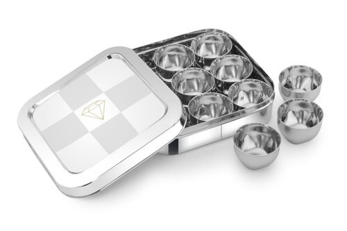 WE ARE MANUFACTURER OF STAINLESS STEEL MASALA DABBA / SPICE BOX OF ALL KIDS.WE DO HAVE C THRU MASALA DABBA / C THRU SPICE BOX / ROUND MASALA DABBA SQUARE MASALA DABBA. 