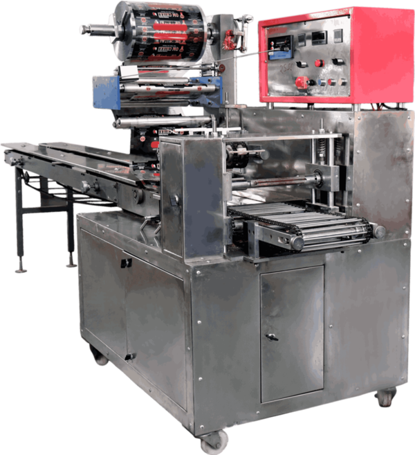 Feeding system :- Automatic Sealing Type :- Centre seal / 4 sidePackaging size :- up to 300mm(L) , 180mm(W), 100mm(H) packaging speed :- 0-250 pouches per min. variablePackaging material:- Any Heat Sealable Laminated film & Bopp FilmPower (W) :- 3kW , 1HP AC with AC DriveVoltage (V/Hz):- 220 AC ( Single Phase)Heater Load :- 400W x 2Nos., 200W x 2 Nos.Dim. LxWxH (mm) :- 1800 x 1080 x 1700mmApprox. Weight :- 700 Optional Attachment :- Batch Coding Machine