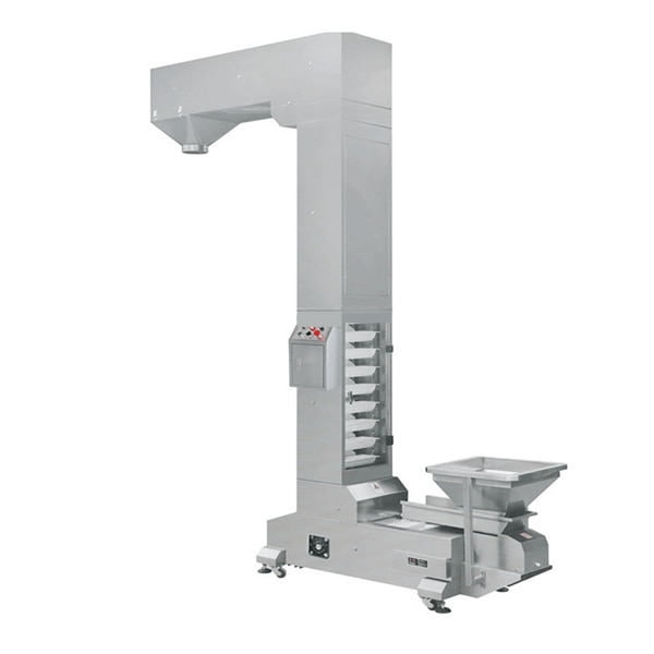 Designed to transport material upward. Equipped with zero vibration feeder for evenly distribution of material. made from M.S. Powder Coated & with Plastic Molded Bucket. Drive by  1HP Gear Motor with A.C. Drive 